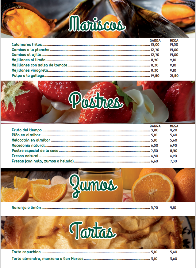 mariscos postres zumos tartas